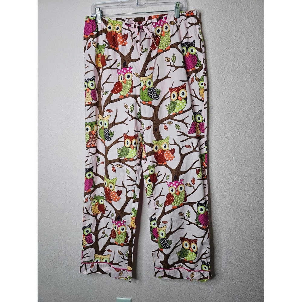 Nick & Nora Pink Owl Print Cotton Pajama Pants Women Large Drawstring Lounge